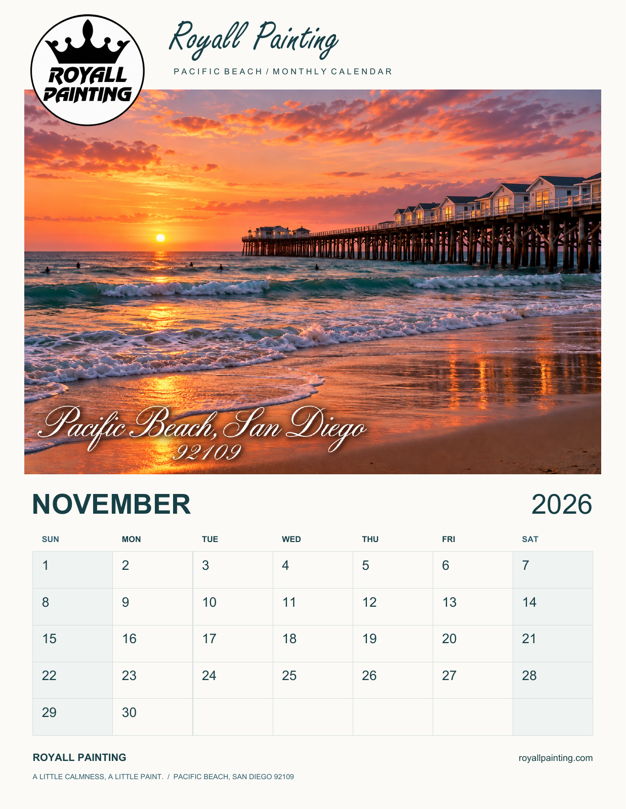 Royall Painting Pacific Beach calendar for November 2026, with the actual crown logo, white cursive Pacific Beach, San Diego 92109 lettering and a Sunday-start monthly grid
